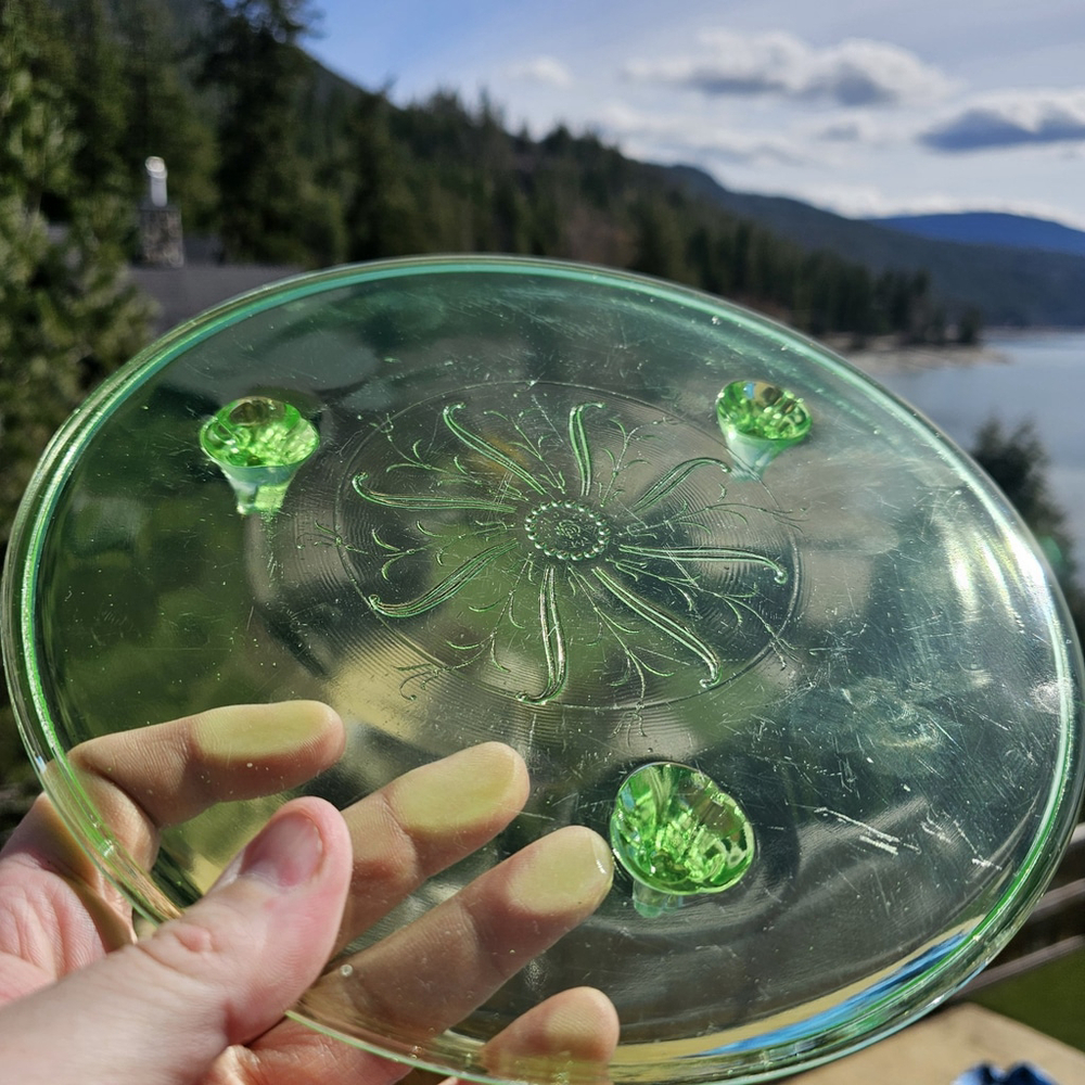 Uranium Glass 10" Cake Stand Plate 3 Footed Floral Etched Tested Glow Vintage
